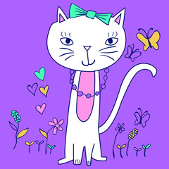 Illustration vectror cute white cat with leaves and text, background for fashion design