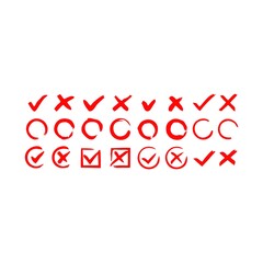 Hand drawn red check mark. For list items, checkbox chalk icon, and sketch check mark. Vector check mark icon set. White background.