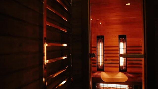 Infrared Sauna Interior, Concept of Relaxation and Replenishment of Health. Finnish Sauna.