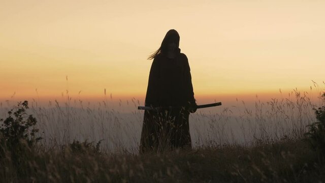 Samurai warrior with sword on battlefield