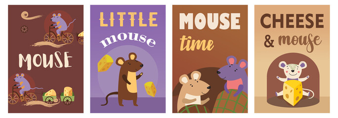 Trendy poster designs with cute mice. Vivid brochures with happy mouse with cheese on bright background. Rodents and animals concept. Template for promotional leaflet or flyer