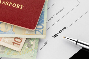 Passport with euro banknotes, document signing. 2021 year. Car rental, micro loan, finance topics