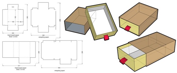 Rigid Box Drawer hard board paper thicknes 1.5mm (Internal measurement 10x15x5cm) and Die-cut Pattern. The .eps file is full scale and fully functional. Prepared for real cardboard production.