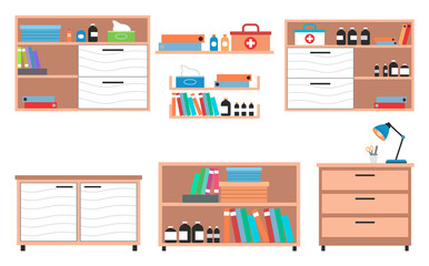 Medical cabinet or wardrobe for interior in clinic or hospital, shelves with bottles, first aid, folders, medical containers, jars, wooden furniture for medical office, design with shelves, drawers
