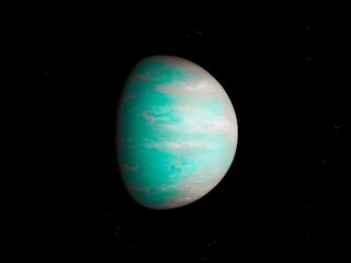 planet with clouds and oceans in distant space with stars.