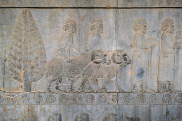 Ruins, statues and murals of ancient persian city of Persepolis in Iran. Most famous remnants of the ancient Persian empire.