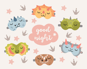 Dino sleep masks set. Cute dinosaur eye mask, vector set illustration © biancaoddi