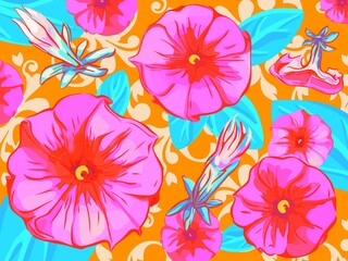 Fototapeta na wymiar Bright colorful floral textile pattern with petunias on a yellow background.