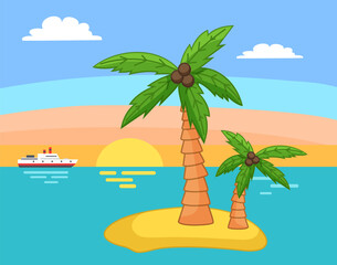 Fototapeta na wymiar Palm trees with coconut on the island in the sea, ship on the horizon and multicolored sky with clouds vector illustration. Beautiful landscape of a tropical island sunset time cartoon design style