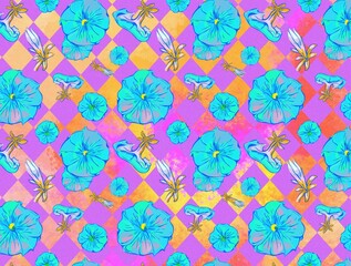 Bright colorful seamless textile pattern with flowers on geometric background.