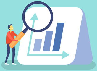 Young happy man with magnifying glass analyzes indices on presentation with charts, examines indicators of activity growth. Project management and financial report strategy. Business analysis planning