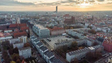 A beautiful drone panorama of Wroclaw, Poland. Sunset in the background  