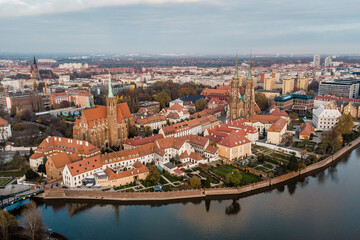 Drone view of Ostrow Tumski, Wroclaw, Poland 