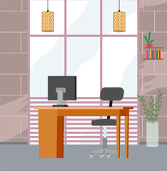 Modern home workplace flat. Office chair and office desk with stack of books in cozy room interior. Furniture and equipment for workplace of employee or home office worker, vector interior workspace