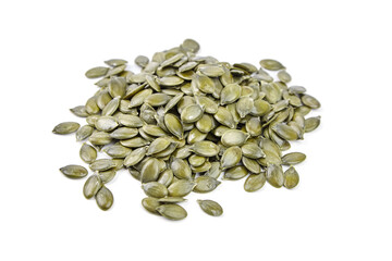 Pumpkin seeds isolated on a white background. Heap of dry pumpkin seeds