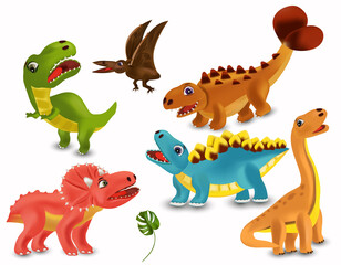 Dinosaurs Tyrannosaurus, Brachiosaurus, Pterodactyl, Triceratops, Stegosaurus cartoon character. Big collection Dinosaurs. Angry and funny Dinosaur on white background. 3D vector illustration.