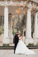 Fototapeta premium Romantic, fairytale, happy newlywed couple hugging and kissing in a park, trees in background
