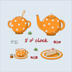 Orange set of dishes with a cake and with a cup of tea. Vector illustration, still life for the design of the cafe menu, kitchen textiles, poster, stickers. Background Isolated.