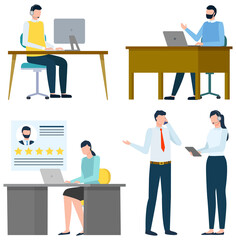 People working at home or office vector, isolated man and woman boss talking on phone and secretary looking at screen of tablet. Clients support, review of candidate, rating stars on board laptop