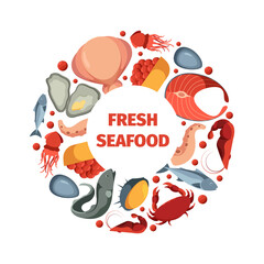 Circle shape from seafoods. Round design form template for restaurant menu with pictures of fresh ocean fishes squids oyster crab garish vector seafood. Sea food octopus and shellfish illustration