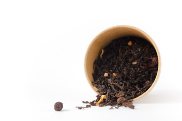 Leaf black tea in a round carton Isolated with white background. Zero waste concept.
