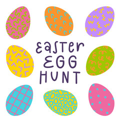 Easter egg design set. Flat colorful decoration for spring holiday. Trendy patterns and hand written lettering.