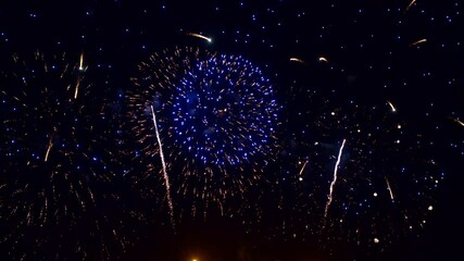 Colorful fireworks sparks exploding at night sky, celebration festival concept, full frame