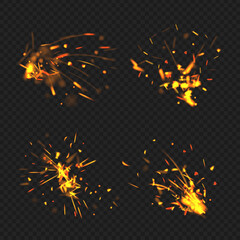 Realistic sparks. Fire effects flame little parts glowing particles decent vector bengal burning sparks collection. Spark fire, sparkle light glowing illustration