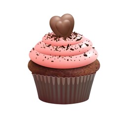 Cupcake with choco heart. Isolated muffin, chocolate bake dessert. Sweet cream food, realistic biscuit and candy vector illustration. Chocolate food dessert, sweet pastry biscuit cupcake