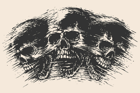 Three black and white skulls with open mouths. Monochrome hand drawn retro graphic art in stamped ink style. T-shirt print design for Halloween with a mystical necromancy theme. Vector illustration