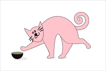 pink cat stretching walking to food bowl, cute pet, print