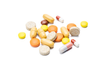 drugs isolated on white background. various pills and tablets cut out. pharmacy concept