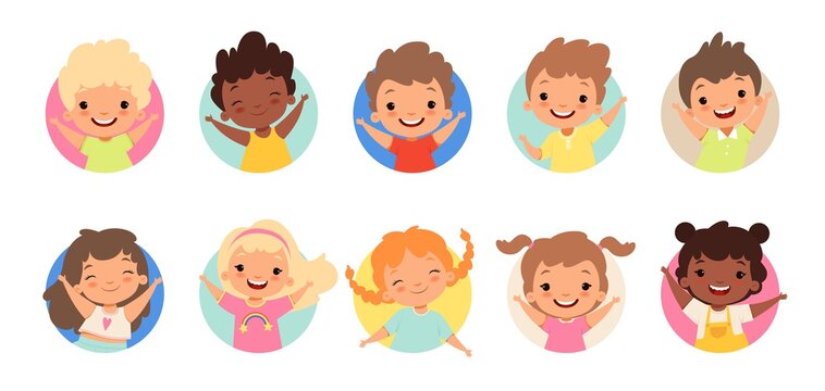 Happy kids avatars. Cute children smiling, boy girl in rounds vector set. Illustration girl and boy avatar, happy kids, child happiness