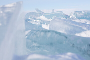 Fototapeta na wymiar Blue Ice in the Straits of Mackinac in Mackinaw City, Michigan