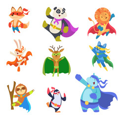 Fototapeta na wymiar Hero animals. Zoo strong defenders city superheroes in mask cats dogs elephants exact vector flat characters collection set. Illustration character animal fox and deer, panda and lion hero