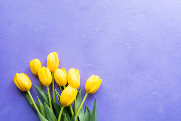 Yellow tulips on purple violet background. Spring easter concept. Copy space. Greeting card. 