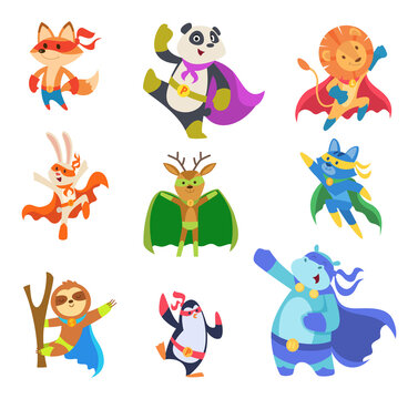 Hero animals. Zoo strong defenders city superheroes in mask cats dogs elephants exact vector flat characters collection set. Illustration character animal fox and deer, panda and lion hero