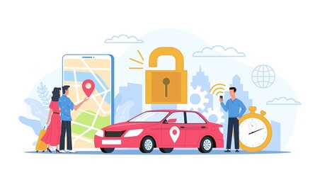 Car sharing. Automobile rental service concept. Smartphone application for navigation and transport order. Urban landscape and signs of stopwatch and lock. Vector city transportation