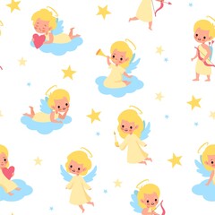 Sweet angels seamless pattern. Babies with wings pastel colors, children on clouds, little blond angelic boys and girls. Decor textile, wrapping paper wallpaper vector print or fabric