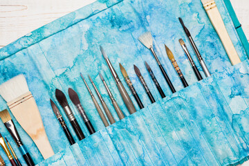 Watercolor artist brushes in a case