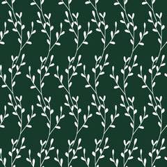 Vector seamless pattern. White branches and leaves on green background. It can be used for wrapping, fabric design, clothing, notebooks and greeting cards, textile
