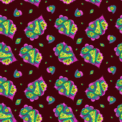 Seamless pattern with watercolor abstract composition with decorative plant elements of green and yellow colors 