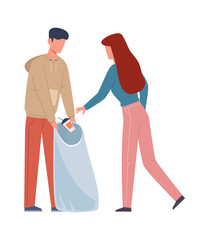 People collecting garbage. Man and woman sorting recycling waste, family separate trash in container, pollution protect and ecology recycle concept flat vector cartoon isolated illustration