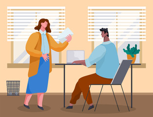 Office workers discussing document. Business people dressed in casual clothes in office interior with laptops talking. Business meeting and consideration of working issues. Friendly team work