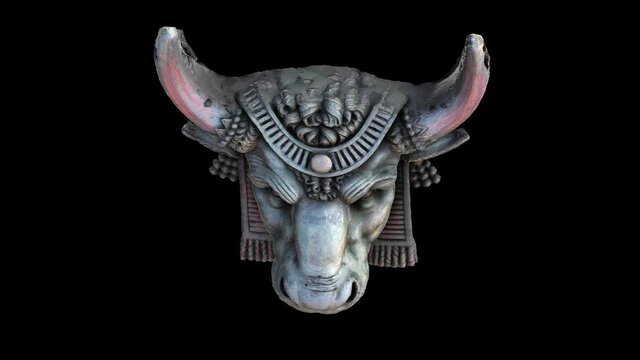 Ox head sculpture rotation - 3d animation model on a black background
