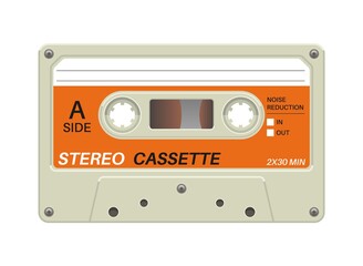 Retro cassette. Audio equipment for analog music records. Blank stereo tape. Plastic musical device. Old-fashioned mixtape of tunes and songs. Vector multimedia tool with copy space