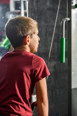 A boy in the gym does an exercise for the arms on the simulator.