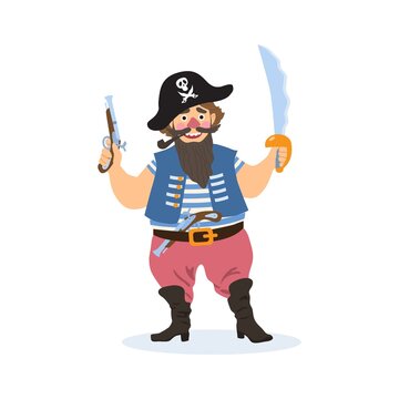 A funny cartoon pirate holds a saber and a pistol in his hands