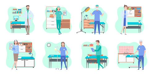 Man and wooman doctors in their workplaces in medical office set. Health protection concept. Male and female characters medic and nurse in medical clothes in the hospital ready to accept the patient
