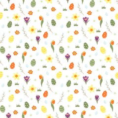 Cute floral Easter seamless pattern with spring flowers and eggs